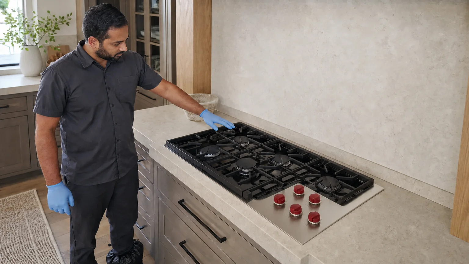 Technician inspecting a Wolf gas cooktop