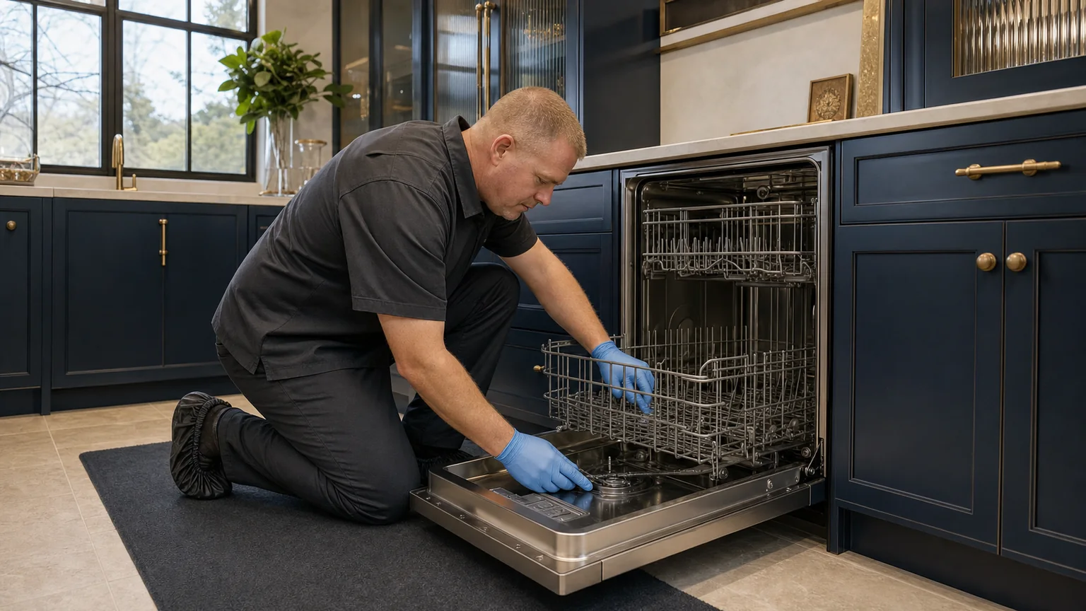 Technician inspecting a panel-ready Cove dishwasher