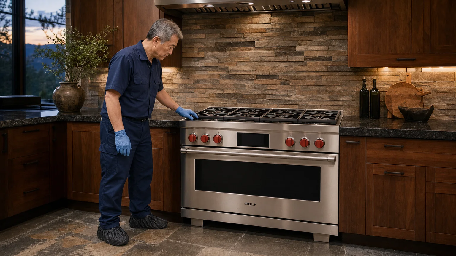 Technician inspecting a Wolf dual-fuel range