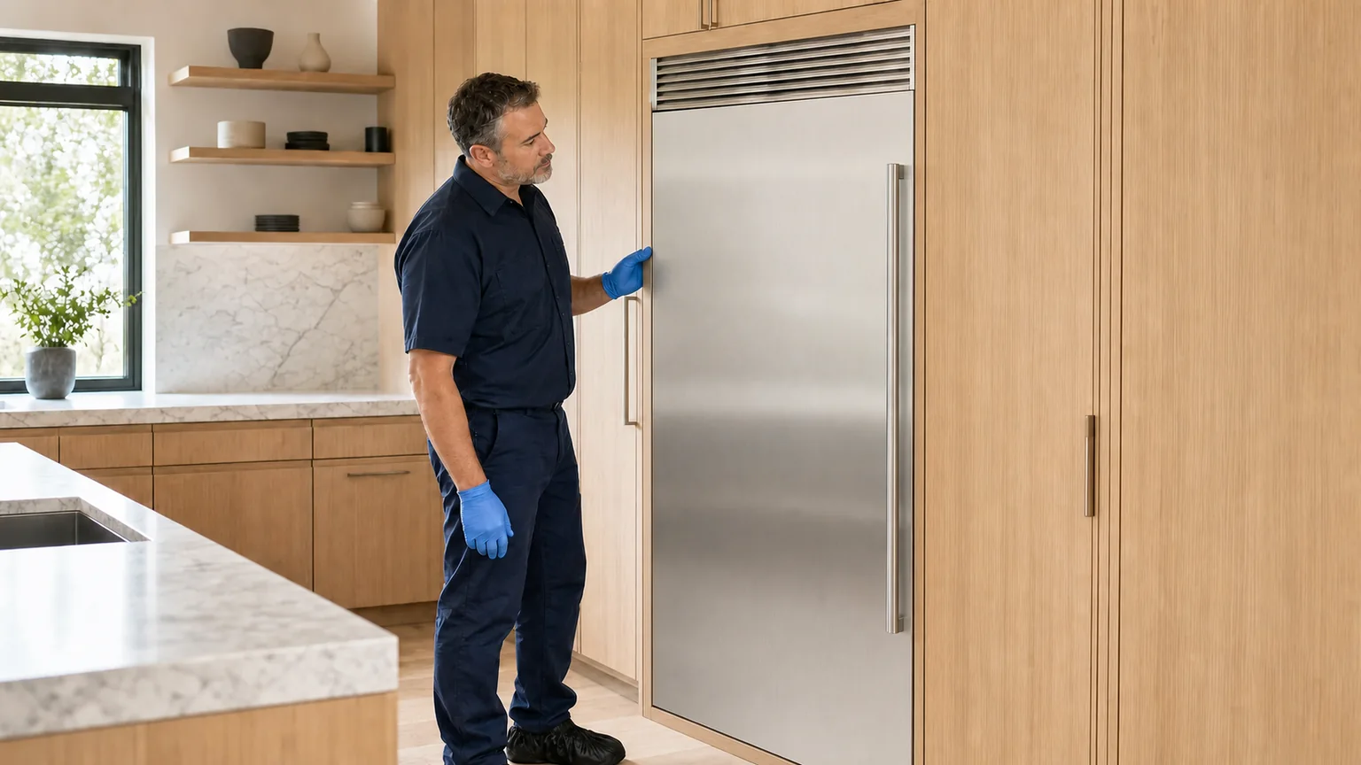 Technician inspecting a built-in Sub-Zero refrigerator