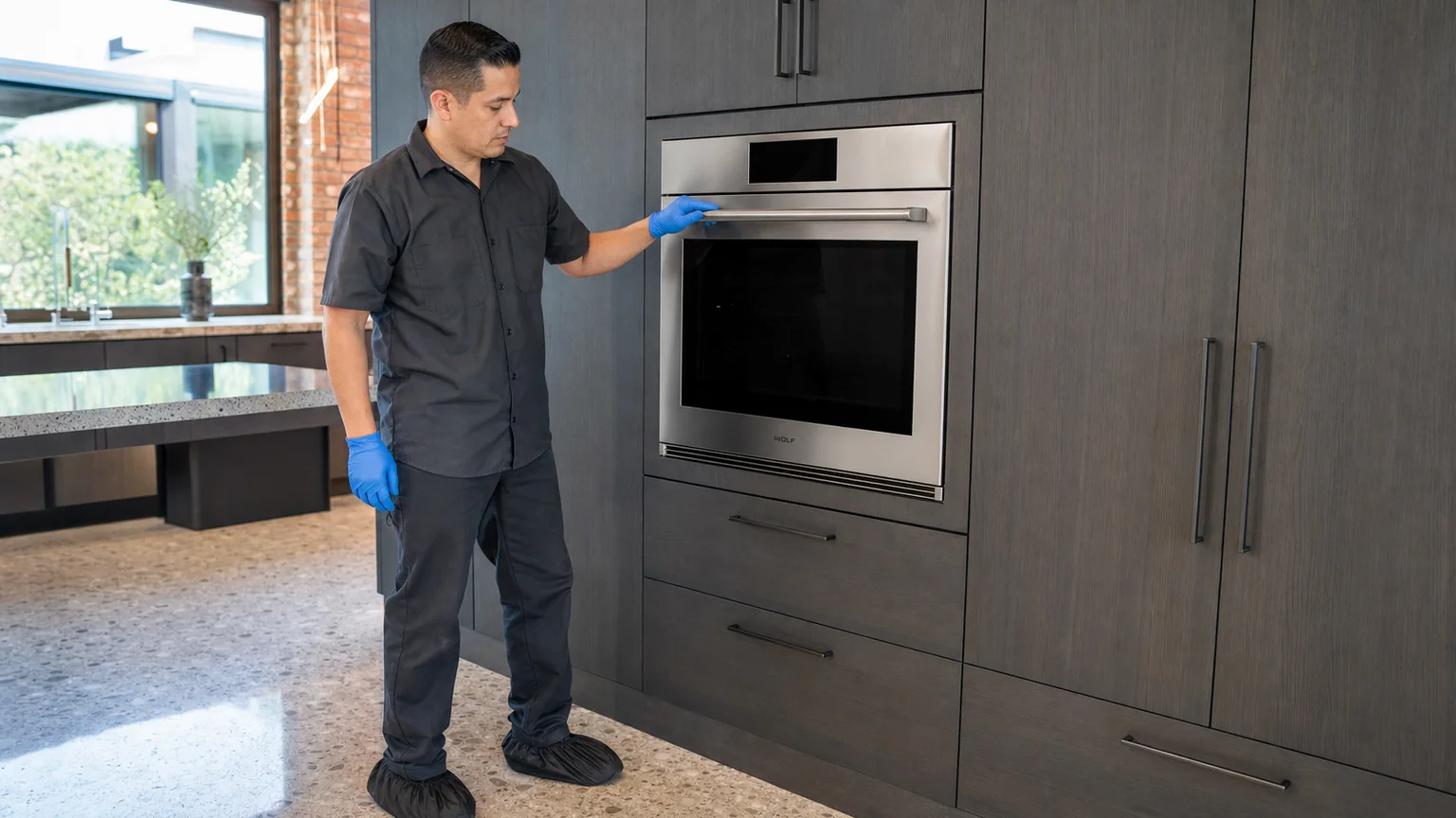 Technician inspecting a built-in Wolf wall oven