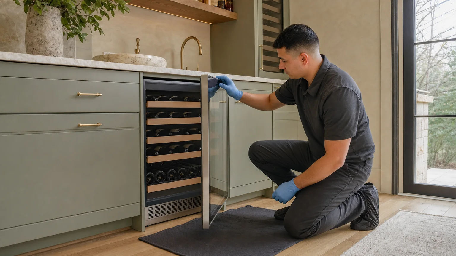 Technician inspecting undercounter wine storage
